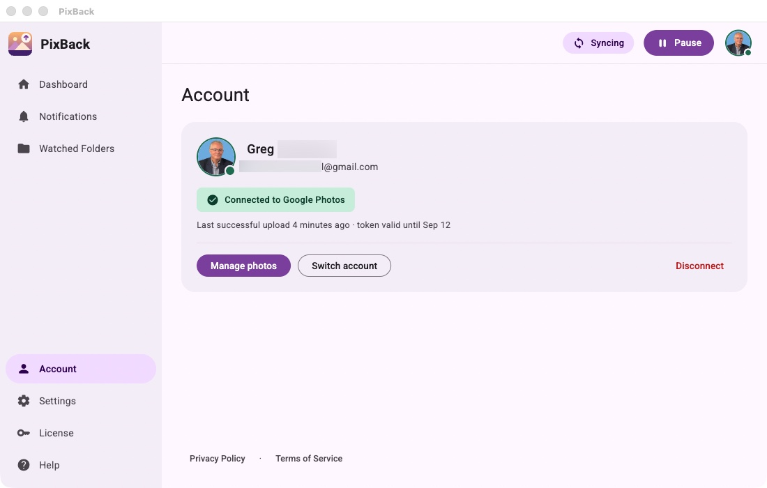 Connecting a Google account in PixBack