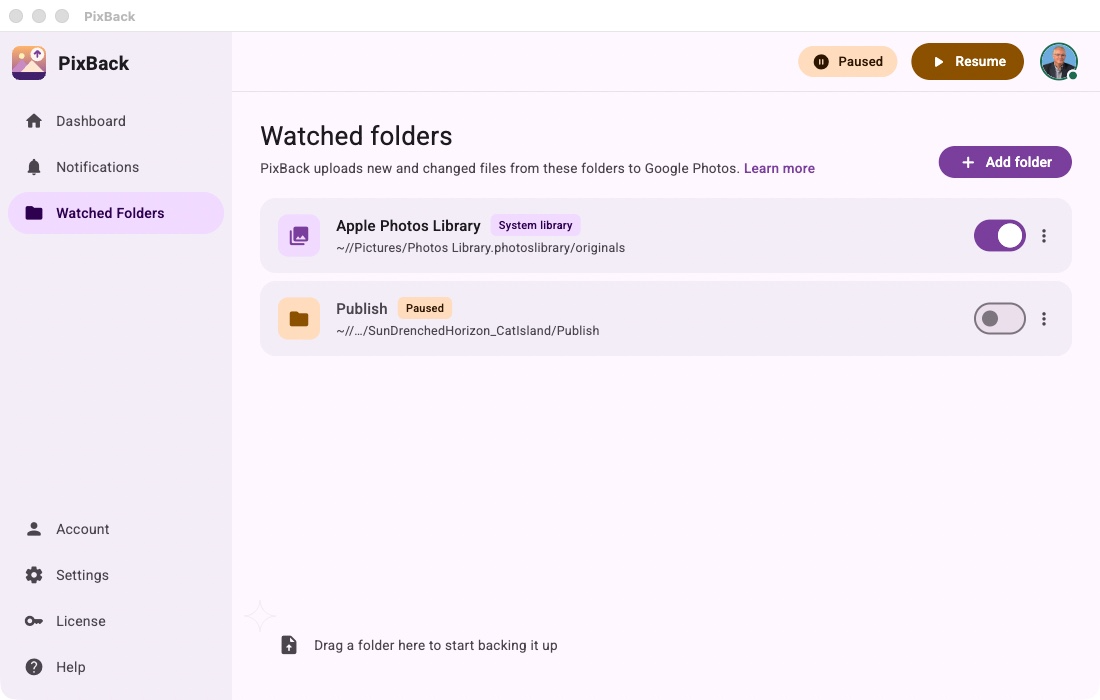 Selecting folders to back up in PixBack