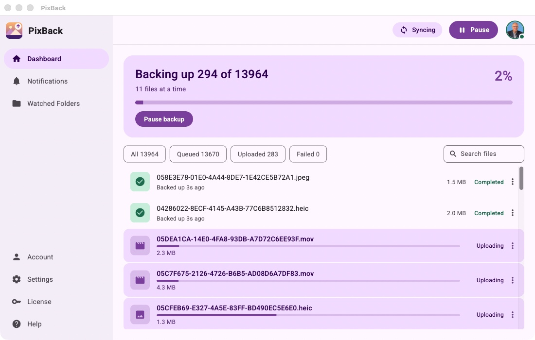 PixBack showing live upload progress